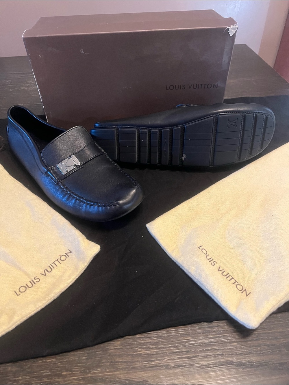 Louis Vuitton Black Leather Men’s Driving Loafers with Metal Accent